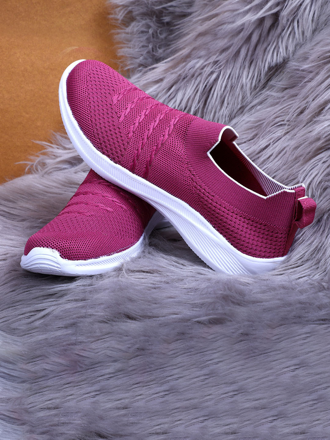 

TPENT Women Magenta Woven Design Slip-On Sneakers