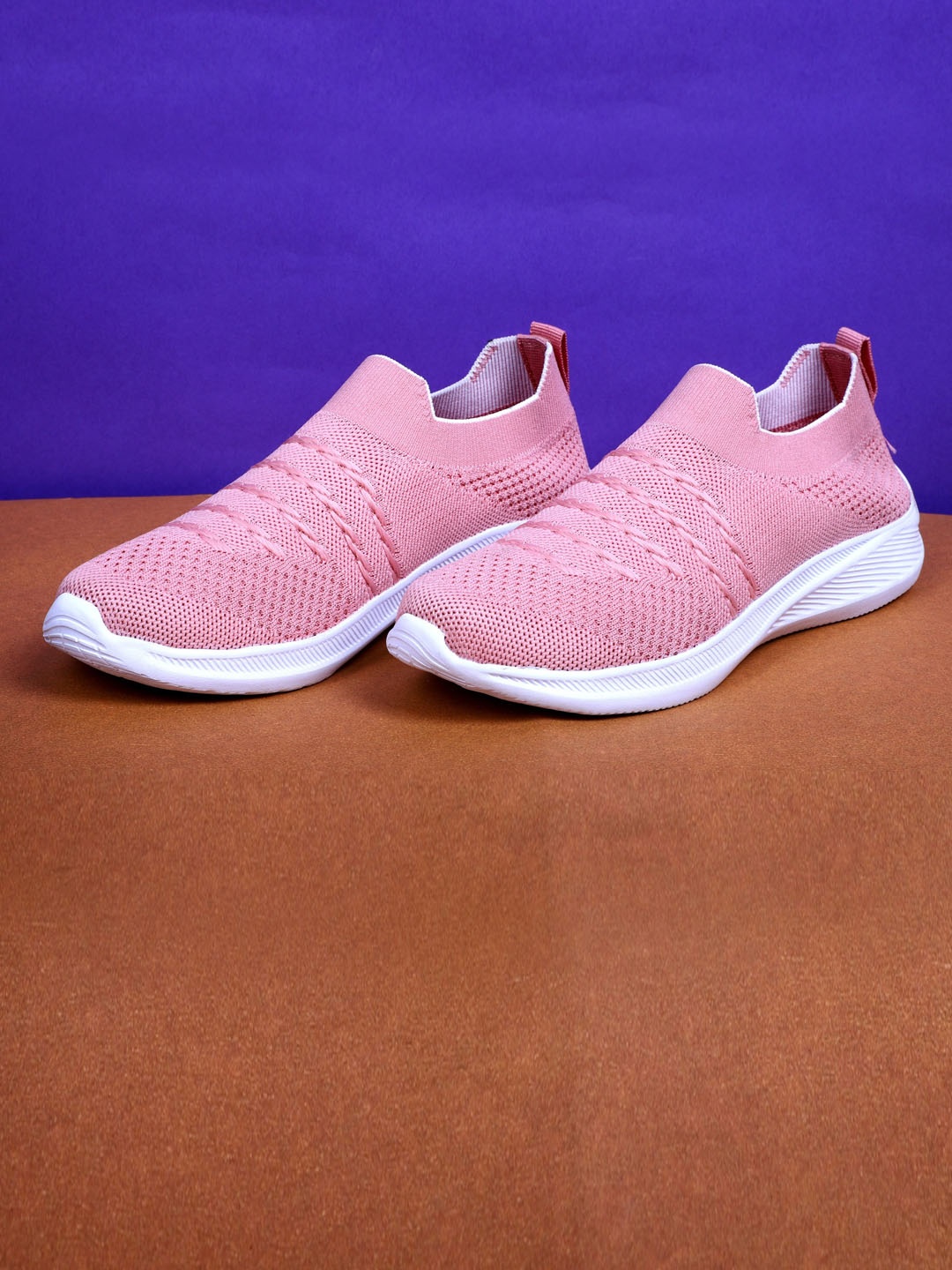 

TPENT Women Peach-Coloured Woven Design Slip-On Sneakers