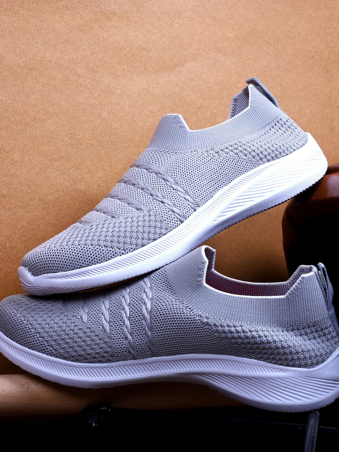 

TPENT Women Grey Woven Design Slip-On Sneakers