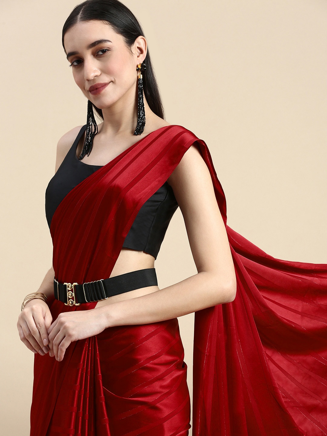 

kasee Striped Belted Saree, Red