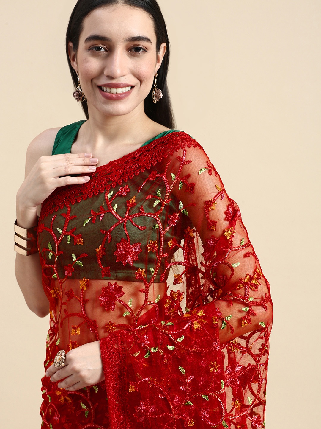 

kasee Floral Embroidered Net Saree, Red