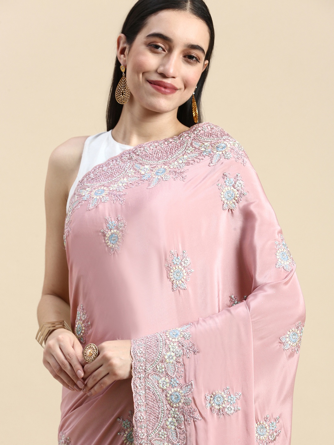 

kasee Crepe Floral Embroidered Saree, Pink
