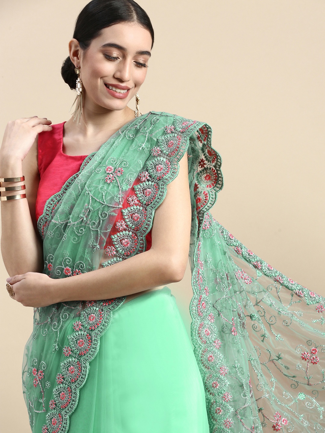 

kasee Sea Green Floral Embroidered Net Saree