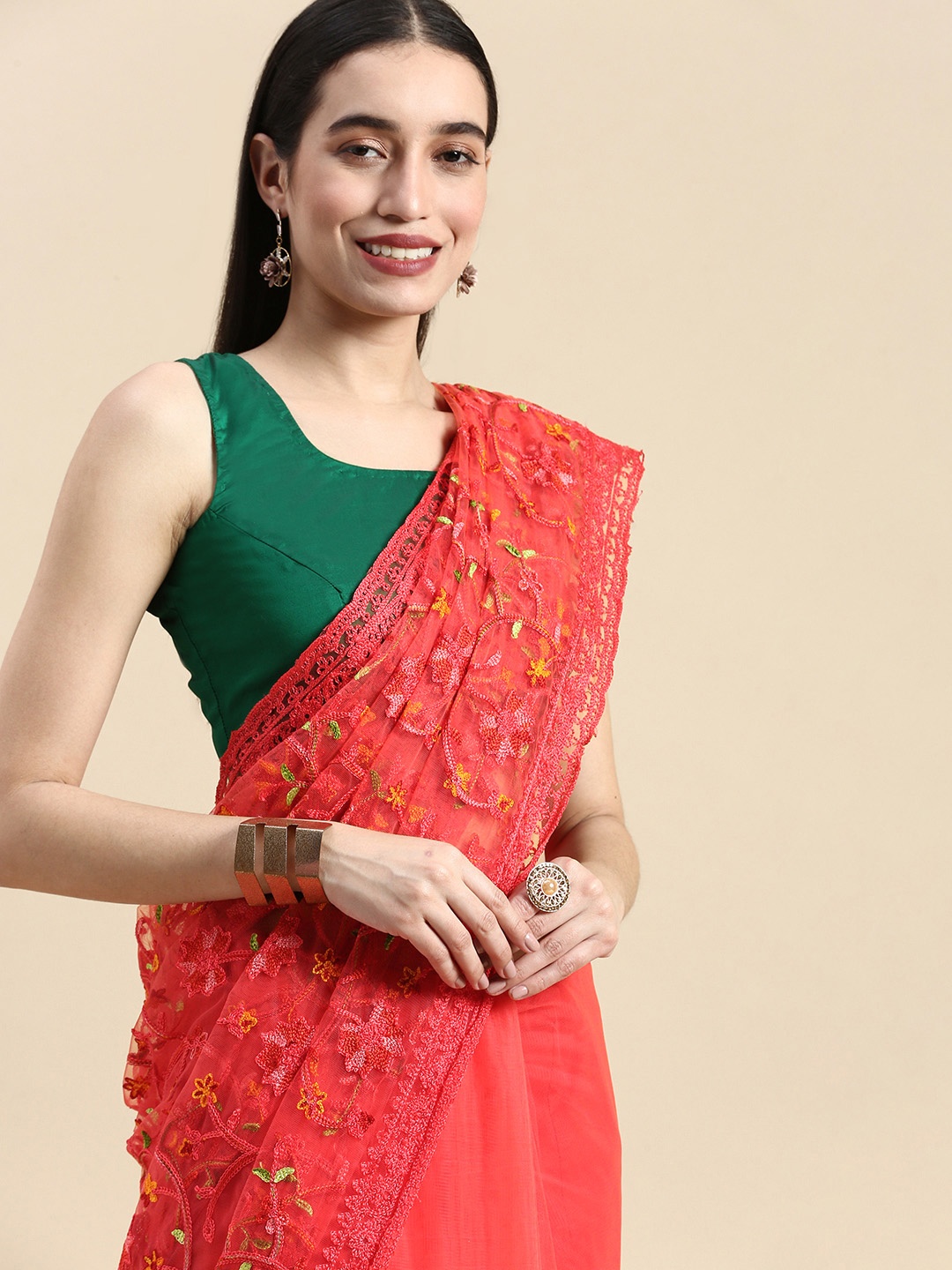 

kasee Floral Embroidered Net Saree, Rose