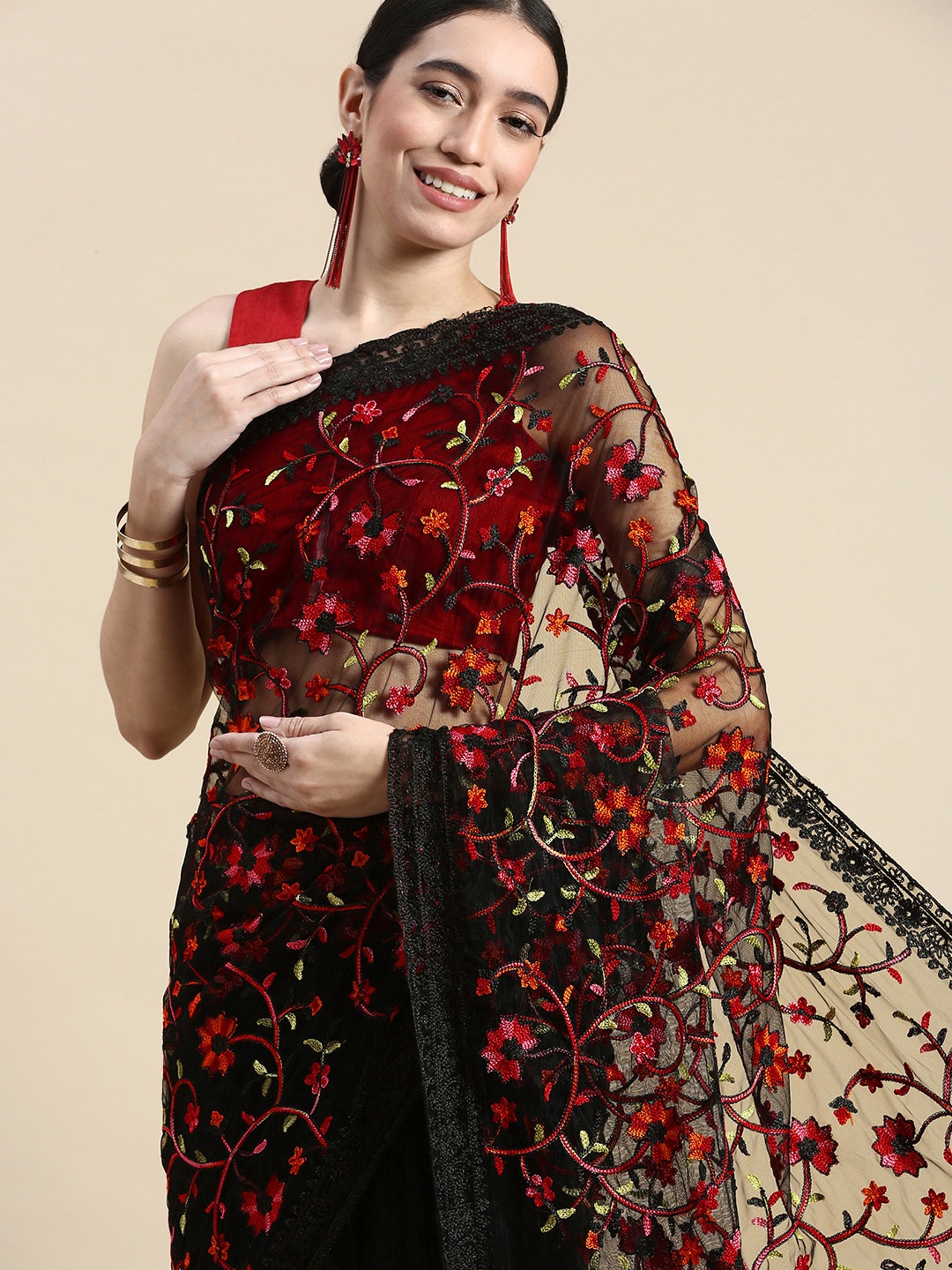 

kasee Black & Red Floral Embroidered Net Saree