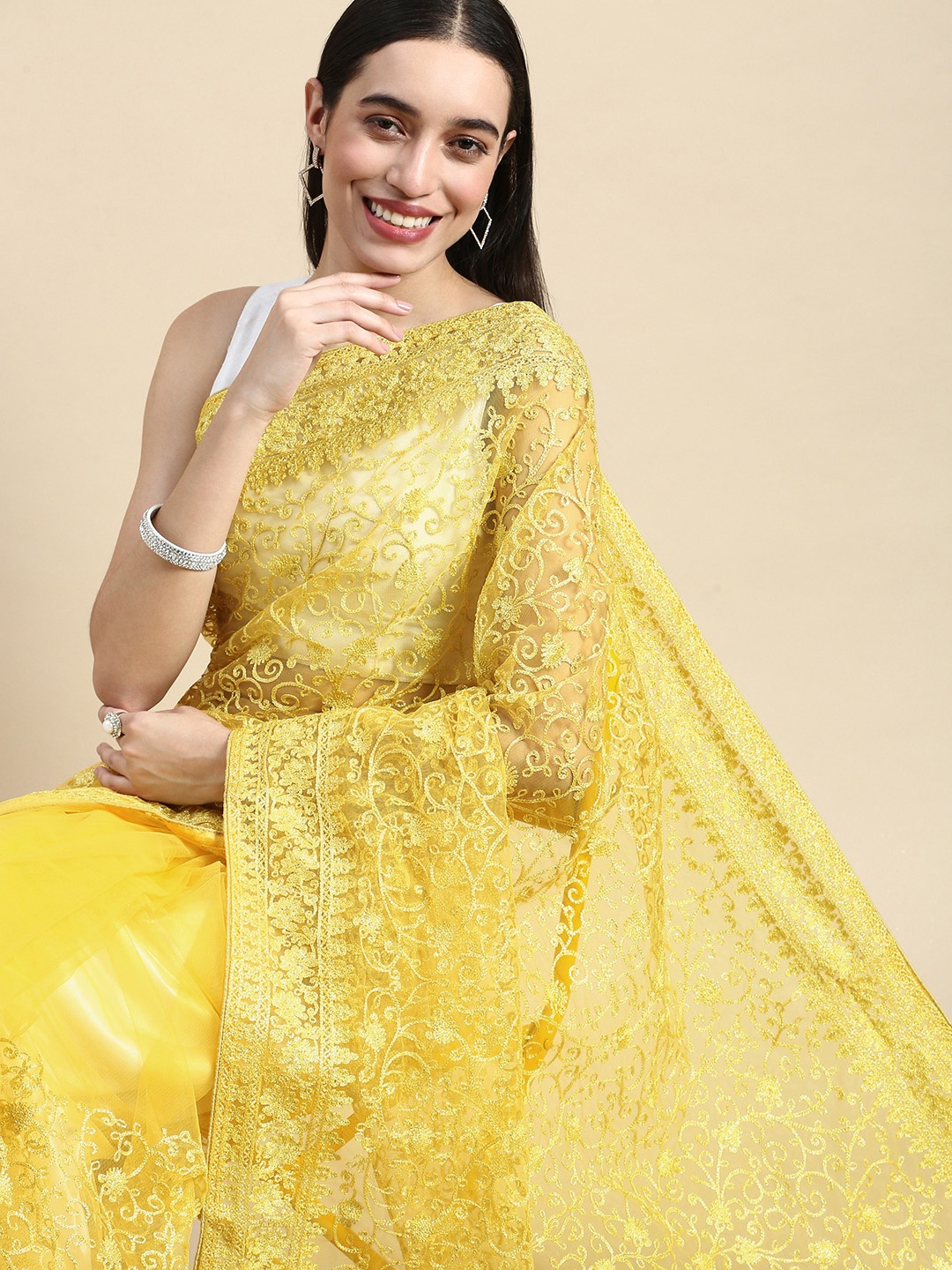 

kasee Floral Embroidered Net Saree, Yellow