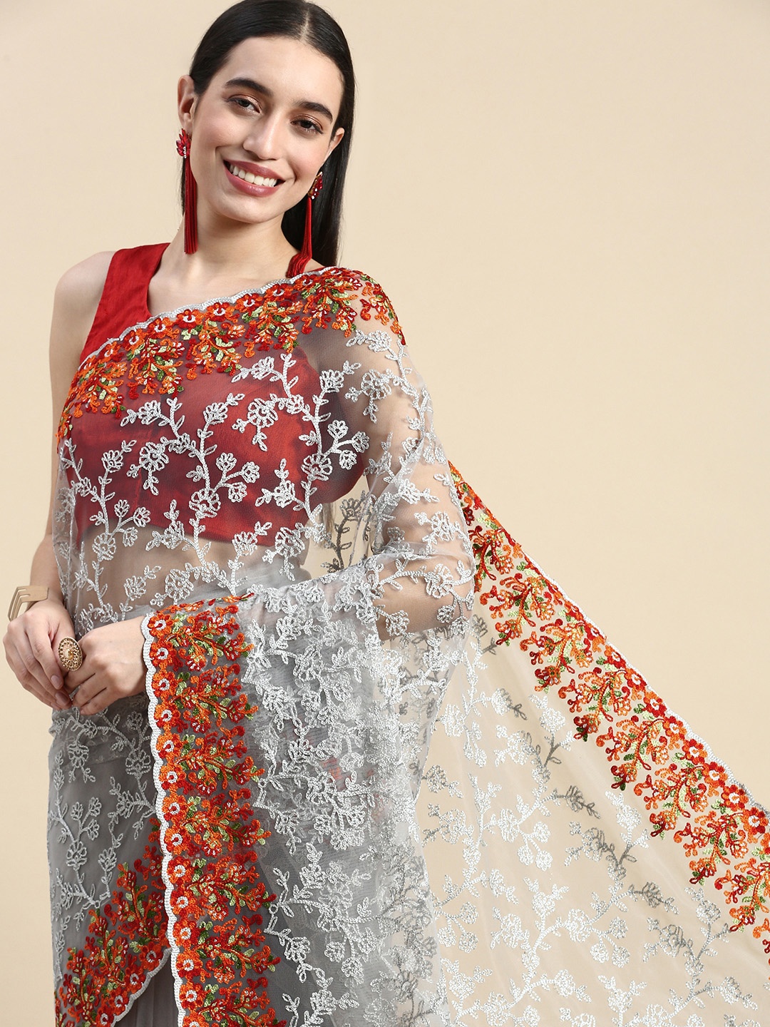 

kasee Floral Embroidered Net Saree, Grey