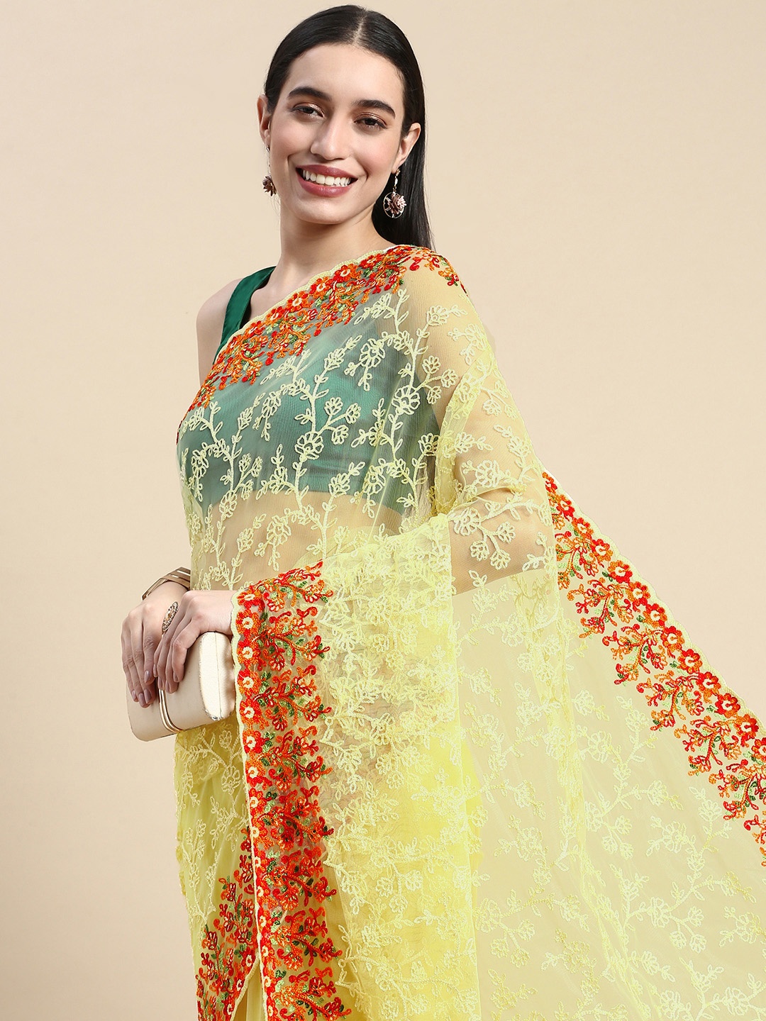 

kasee Floral Embroidered Net Saree, Yellow