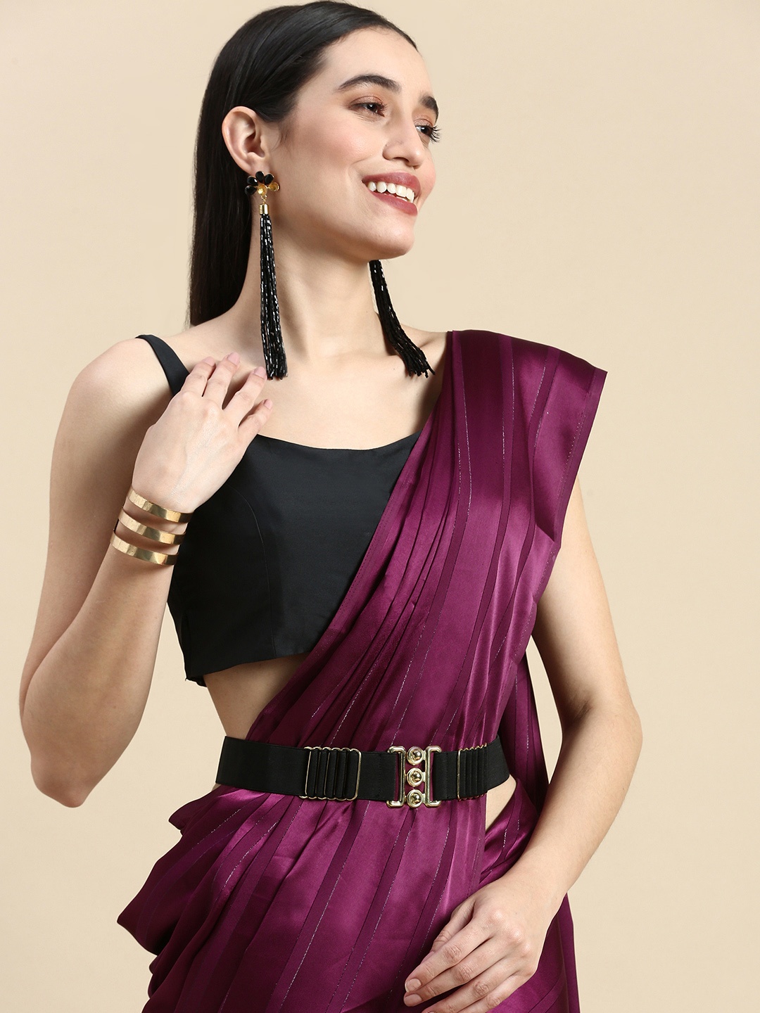 

kasee Striped Belted Saree, Burgundy