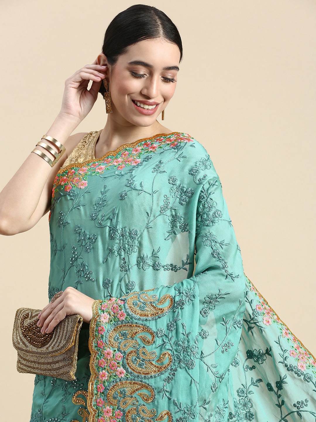 

kasee Turquoise Blue & Beige Floral Beads and Stones Art Silk Saree
