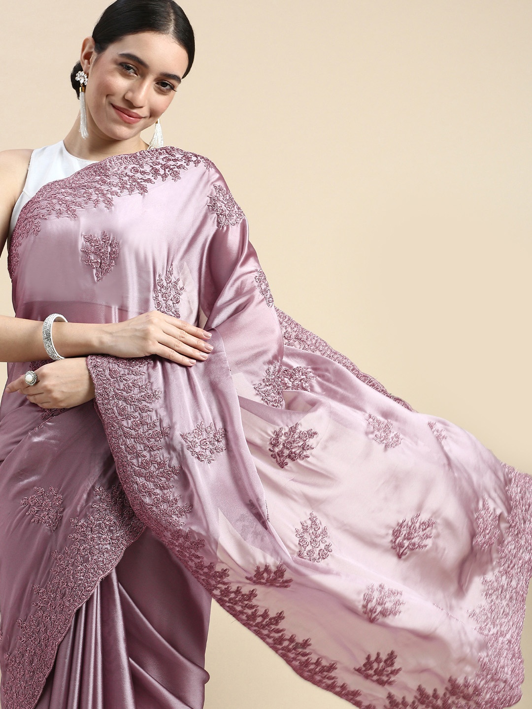 

kasee Lavender Floral Embroidered Art Silk Saree