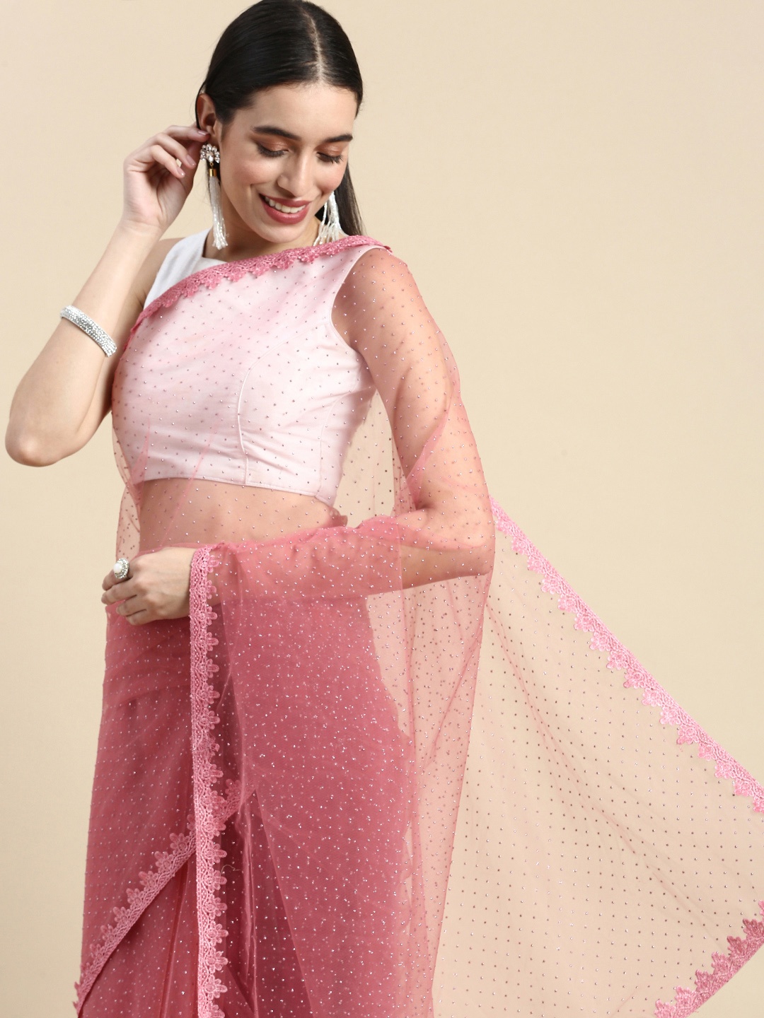 

kasee Embellished Net Saree, Pink