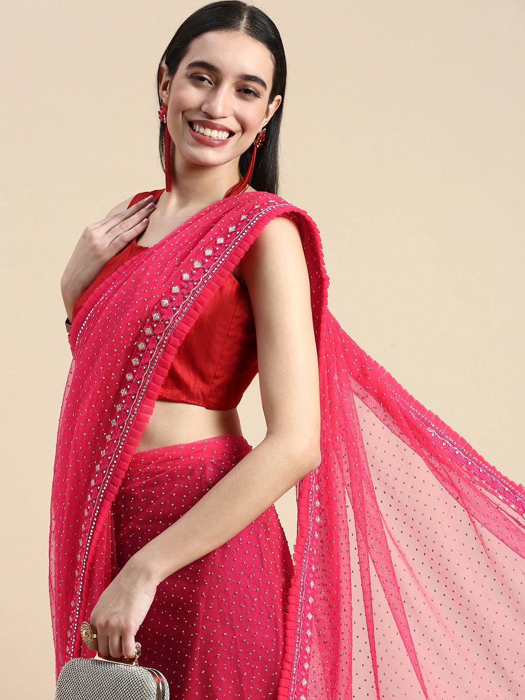 

kasee Embroidered Embellished Net Saree, Pink