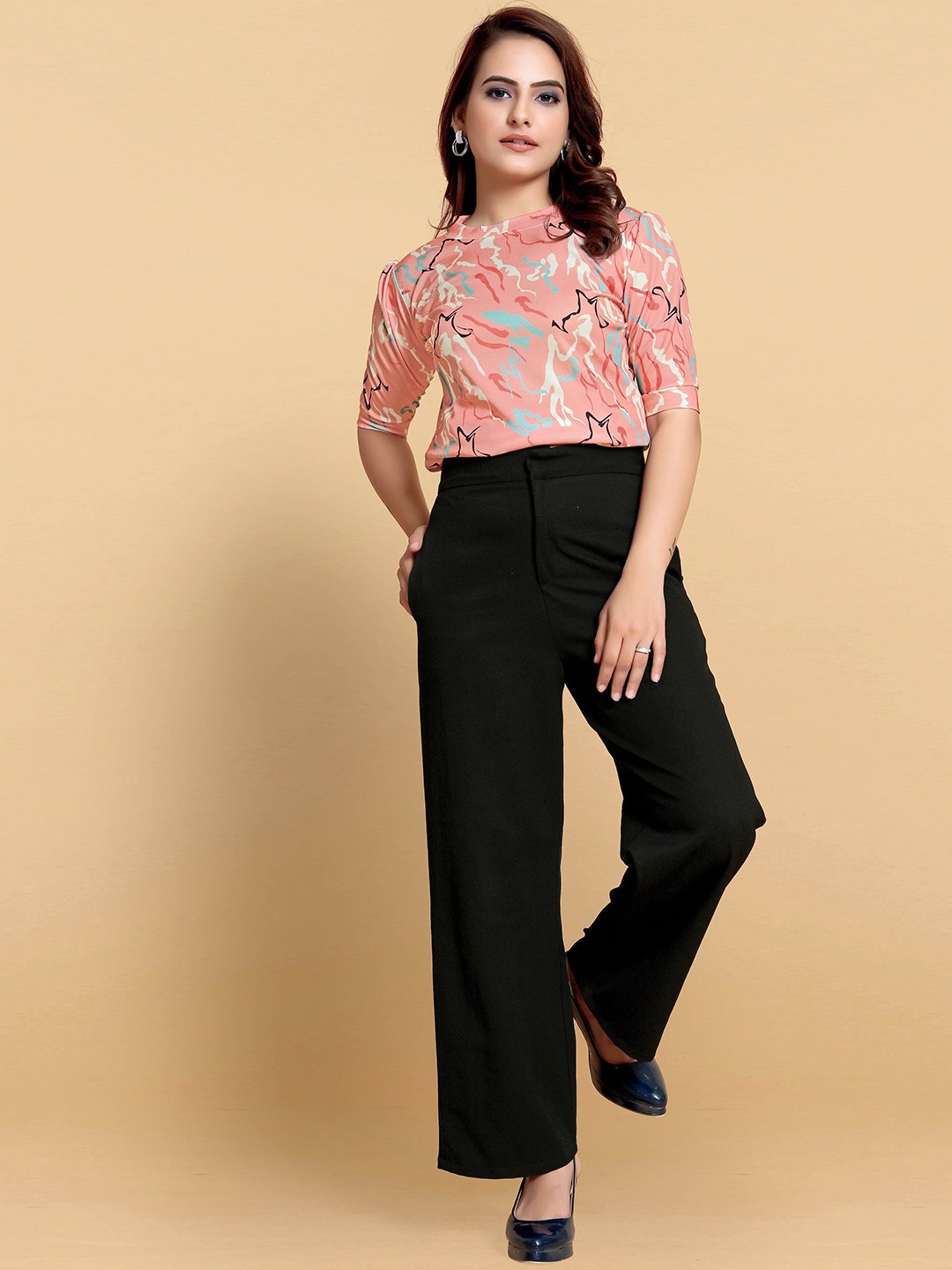 

AUCREATIONS Pink Floral Print Mandarin Collar Organic Cotton Top