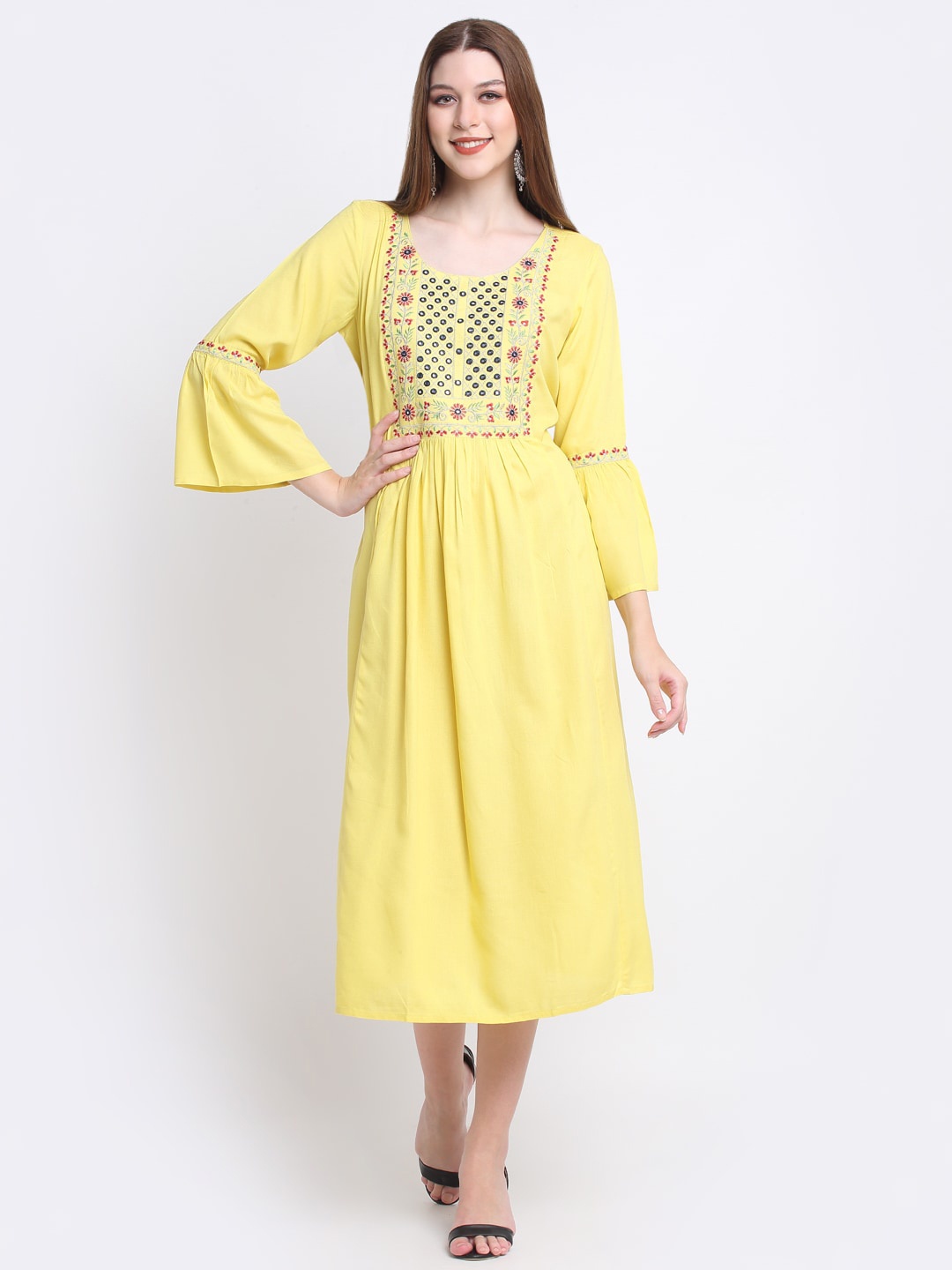 

KALINI Yellow & Red Floral Embroidered A-Line Midi Dress