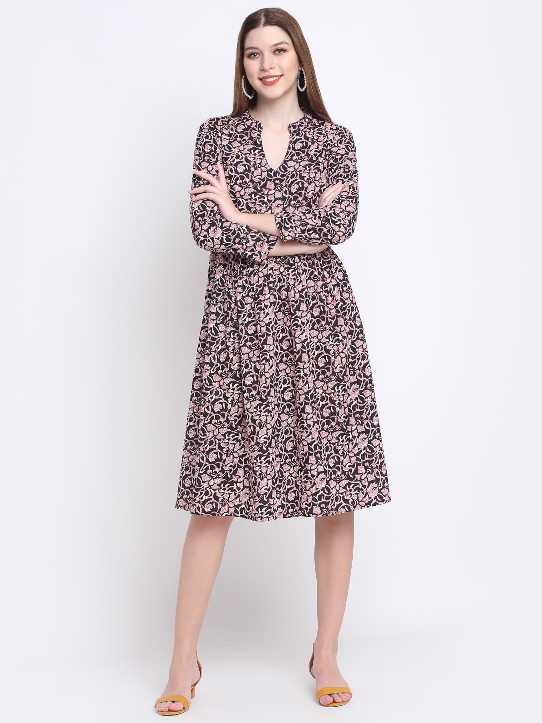 

KALINI Black & Red Floral A-Line Cotton Midi Dress