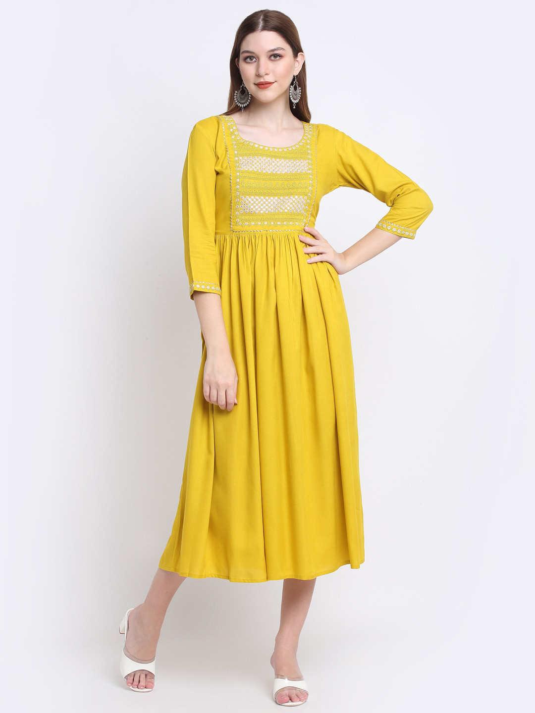 

KALINI Mustard Yellow & White Floral Embroidered A-Line Midi Dress
