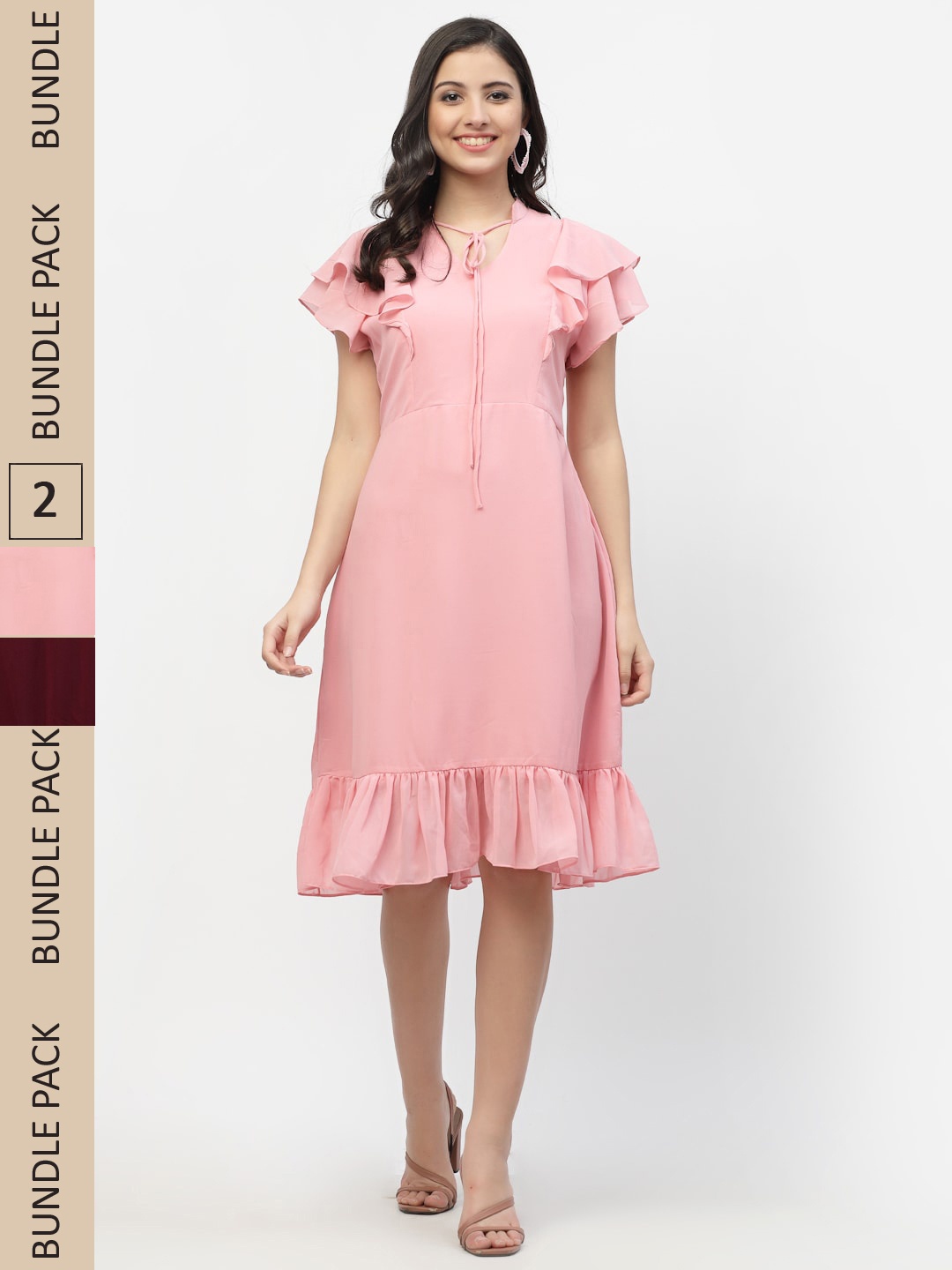 

MISS AYSE Women Pink & Maroon Pack Of 2 A-Line Midi Dresses