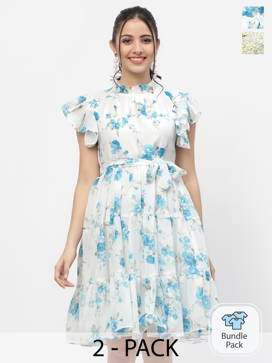 

MISS AYSE Olive Green & White Floral Georgette Dress