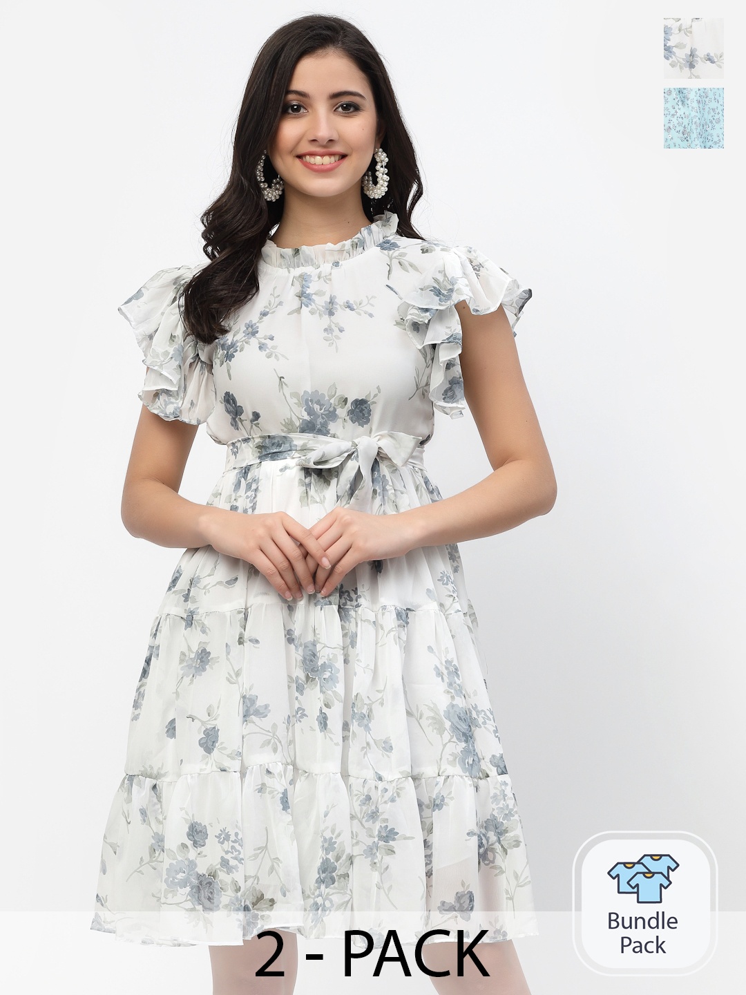 

MISS AYSE Pack Of 2 Blue & Off White Floral Printed Fit & Flare Dresses