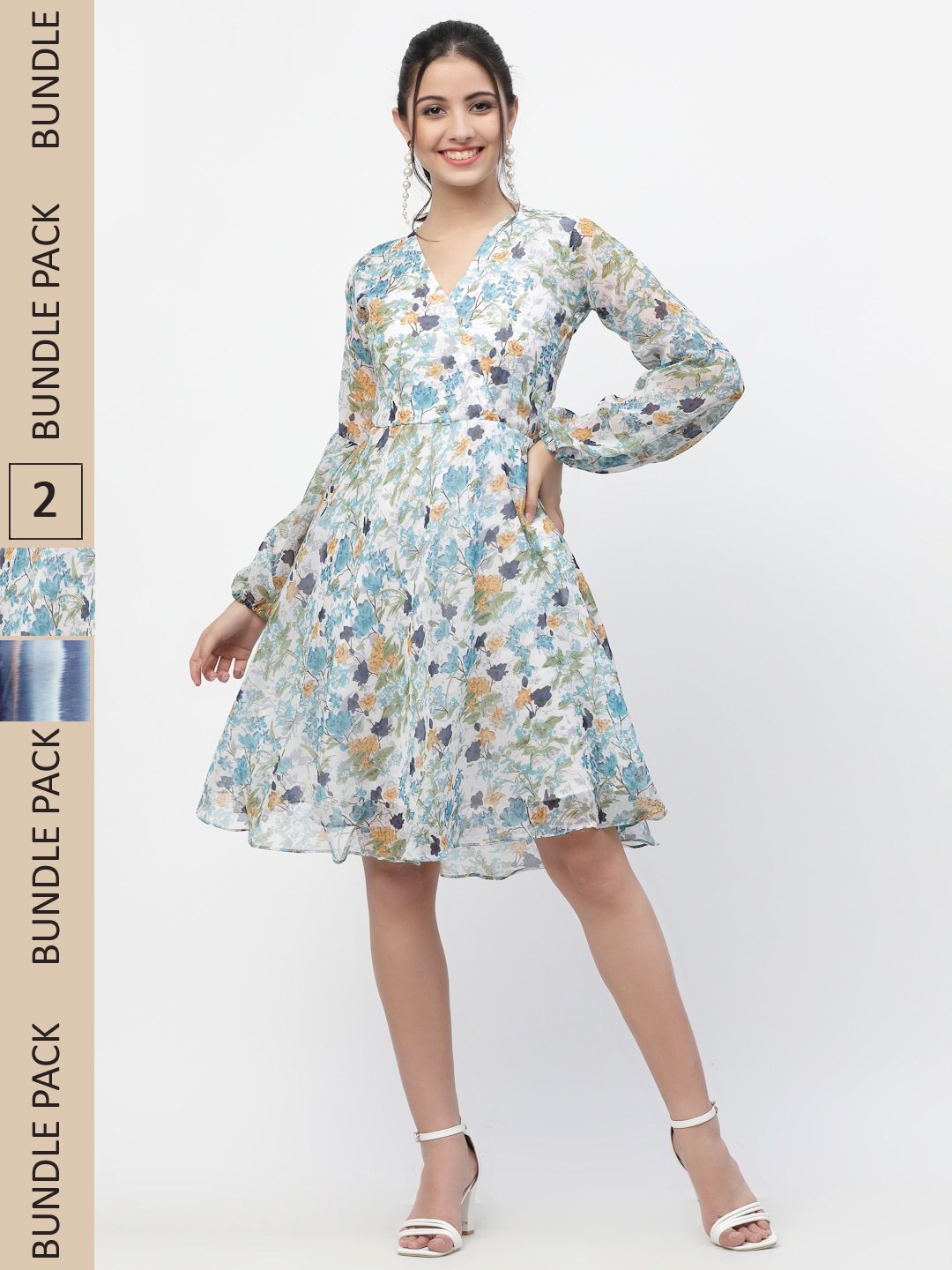 

MISS AYSE Pack Of 2 White & Blue Floral Printed Fit & Flare Dresses