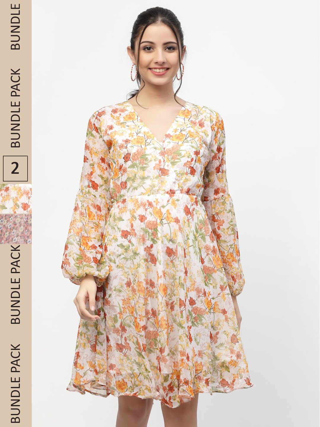 

MISS AYSE Pack Of 2 Off White & Peach Floral Printed Fit & Flare Dresses