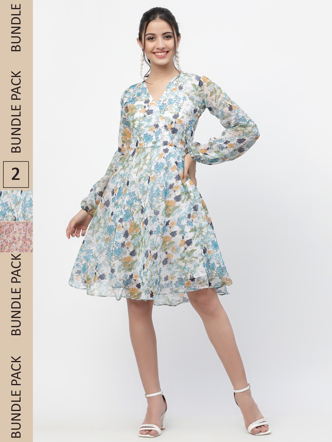 

MISS AYSE Pack Of 2 White & Peach Floral Printed Fit & Flare Dresses