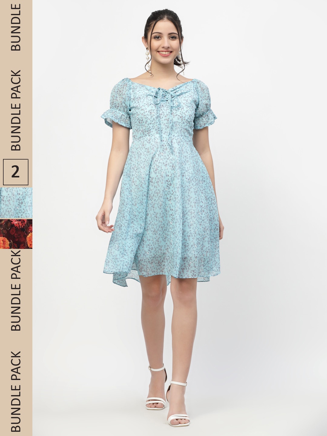 

MISS AYSE Pack Of 2 Blue & Maroon Floral Printed Fit & Flare Dresses