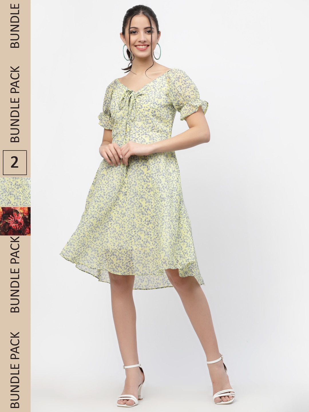 

MISS AYSE Pack Of 2 Green & Maroon Floral Printed Fit & Flare Dresses