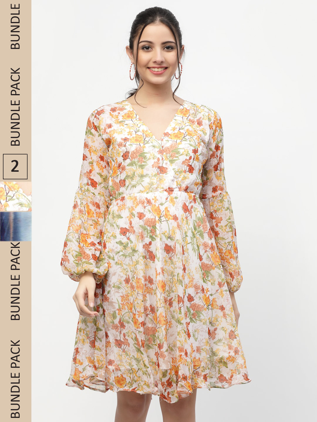 

MISS AYSE Beige & Blue Pack of 2 Floral Georgette Dress
