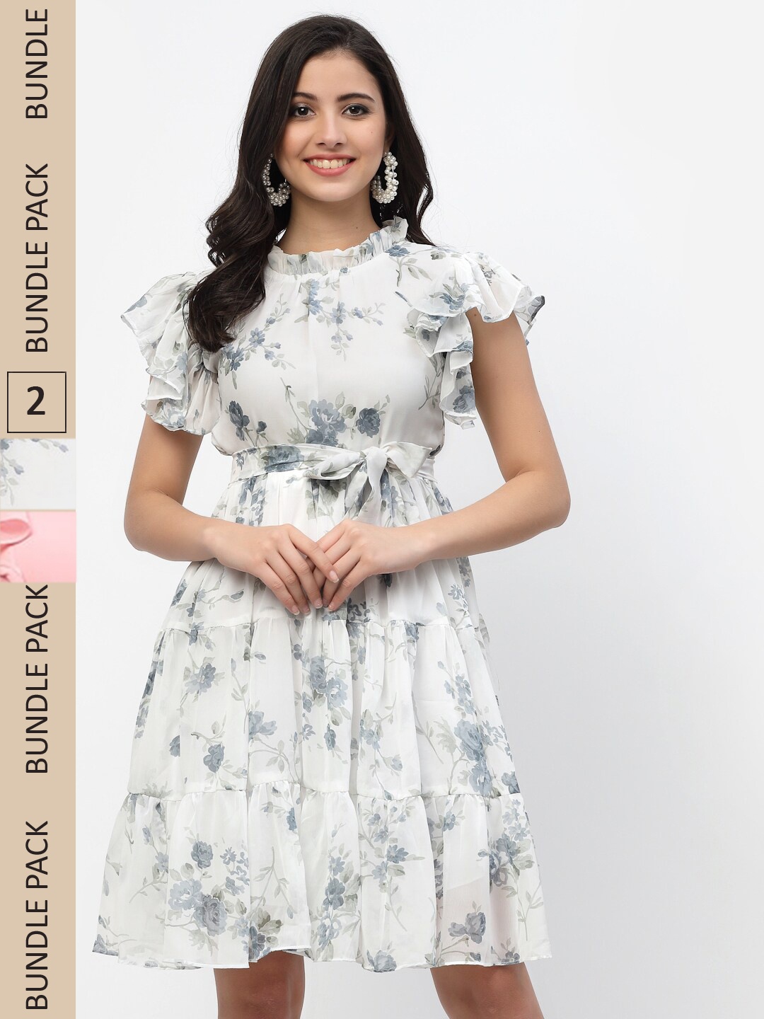 

MISS AYSE Pink & White Tie-Up Neck Georgette A-Line Dress