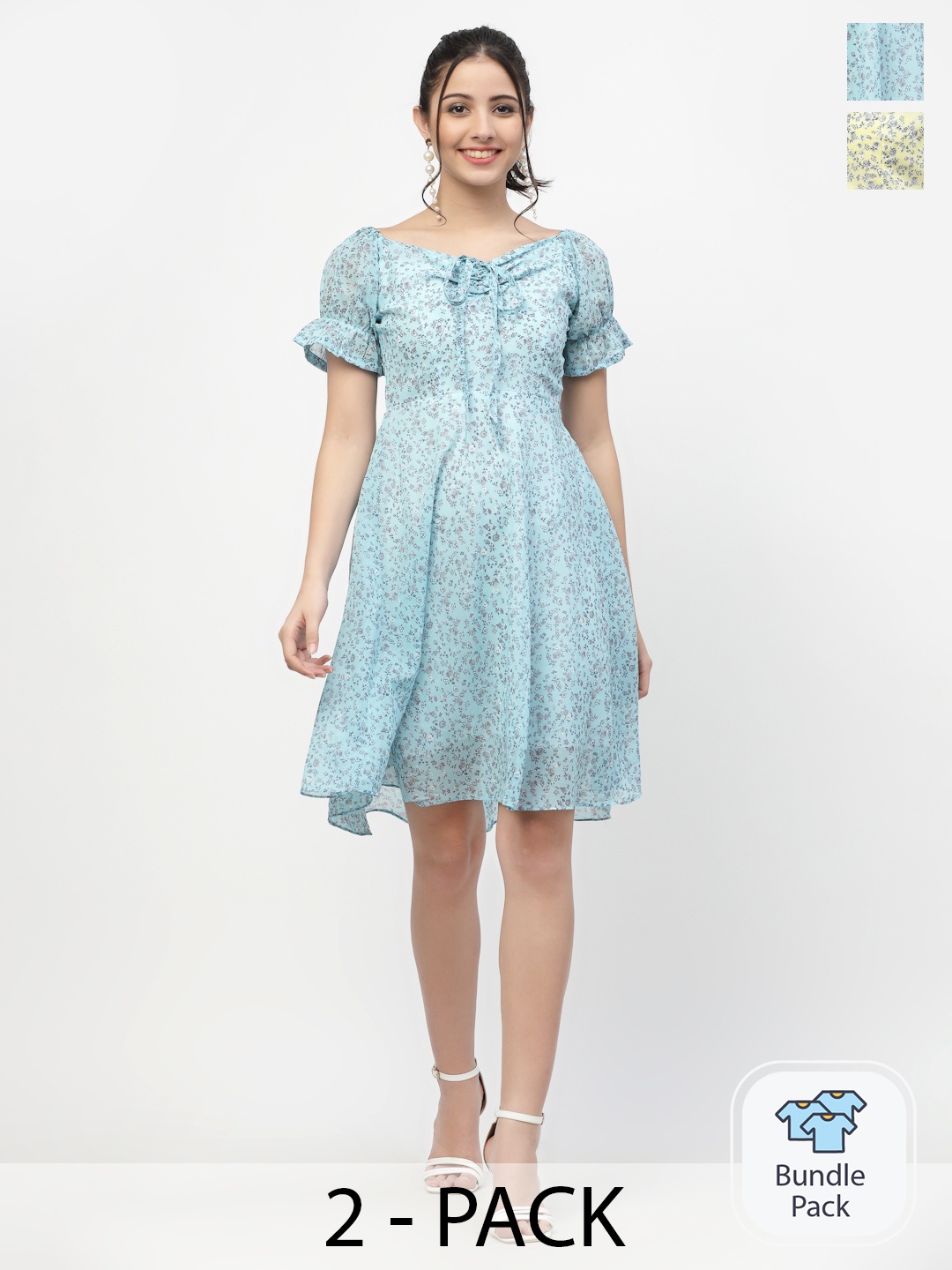 MISS AYSE Blue & Grey Floral Georgette Dress