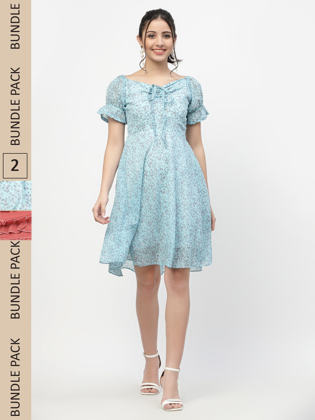 

MISS AYSE Blue & Grey Floral Tie-Up Neck Georgette Dress