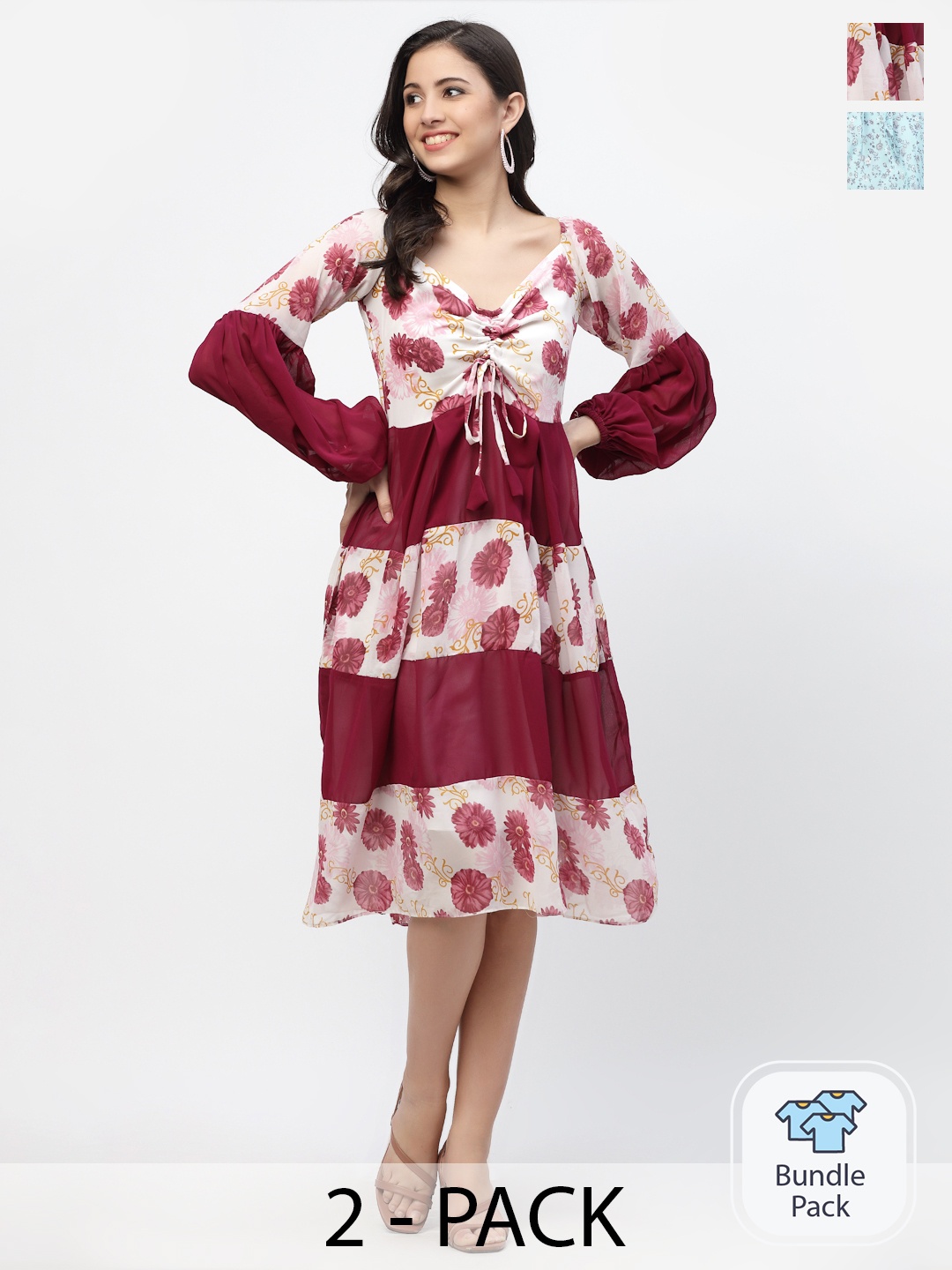 

MISS AYSE Blue & Off White Pack of 2 Floral Tie-Up Neck Dresses
