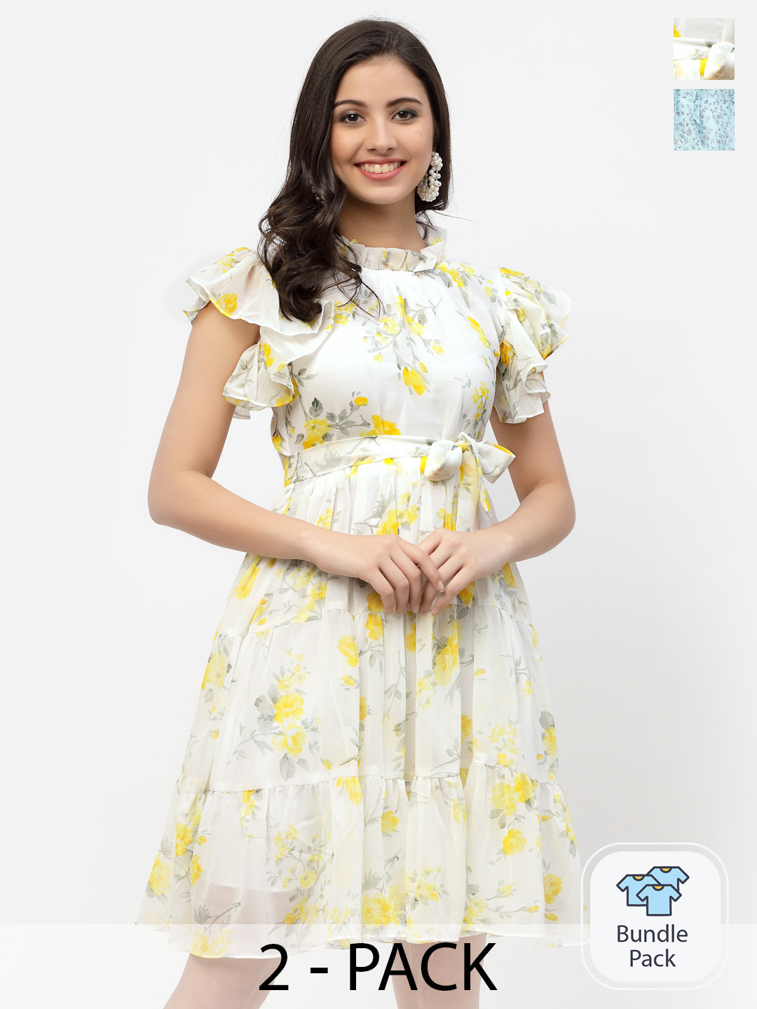 

MISS AYSE Blue & Off White Pack of 2 Floral Tie-Up Neck Dresses