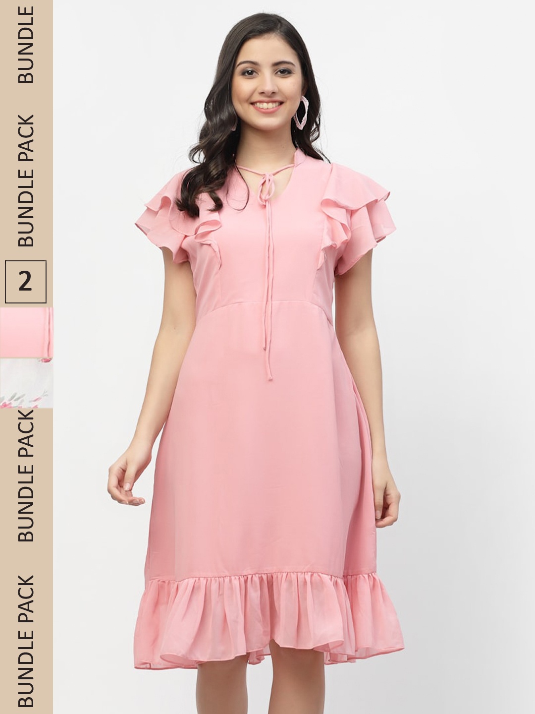 

MISS AYSE Peach & Off White Pack of 2 Tie-Up Neck A-Line Midi Dresses