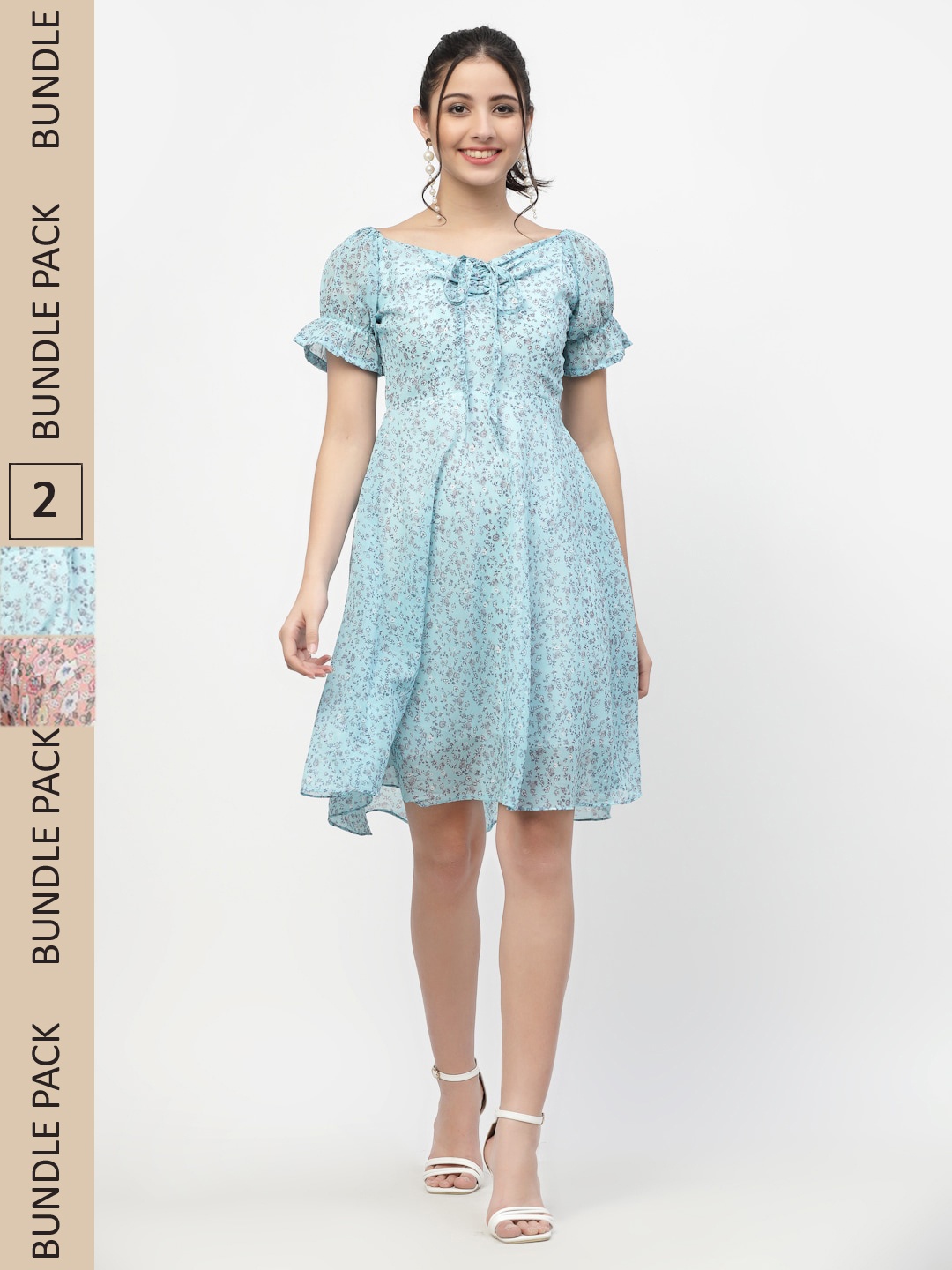

MISS AYSE Blue & Off White Pack of 2 Floral Tie-Up Neck Dresses