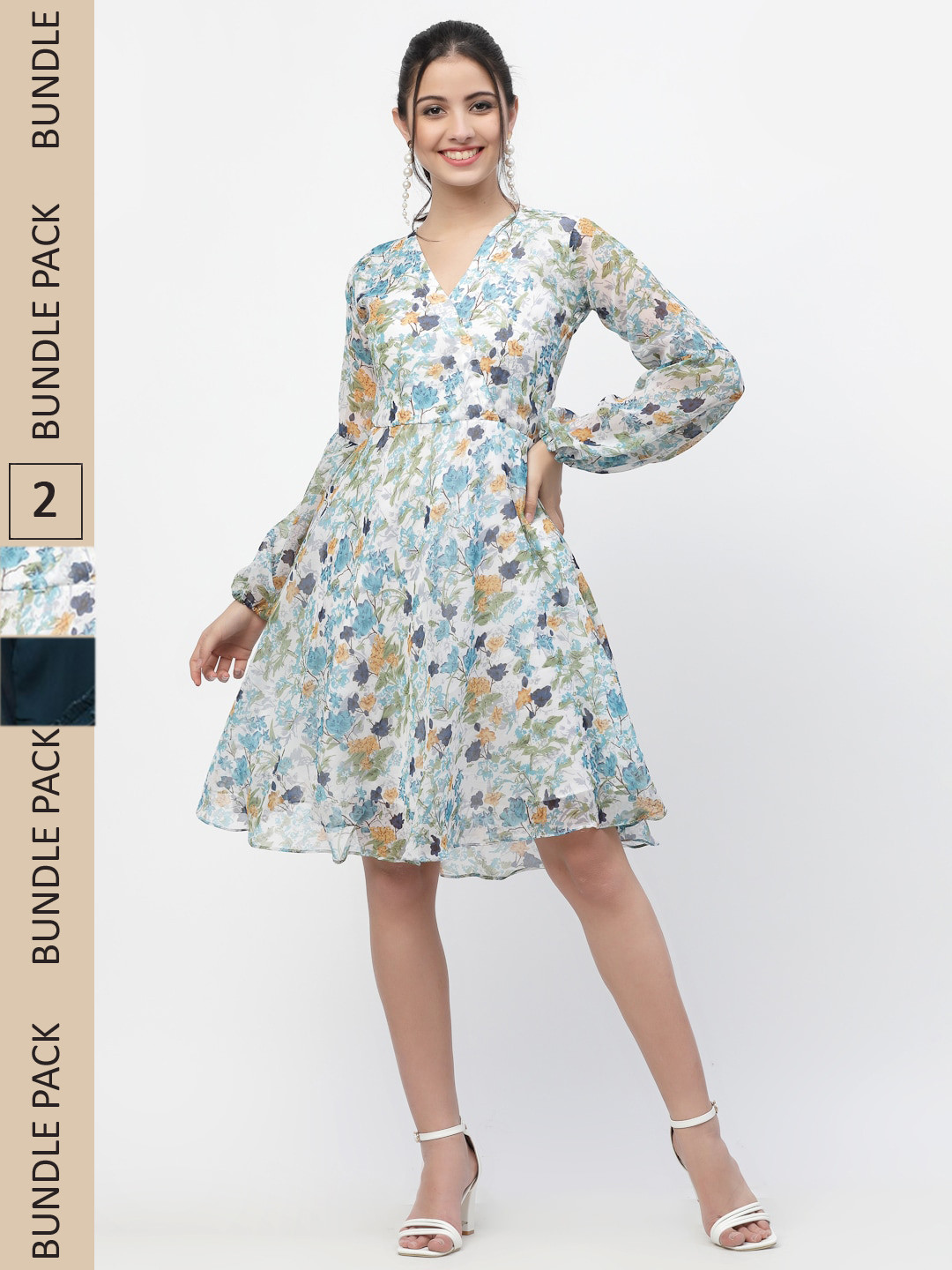 

MISS AYSE White & Blue Pack Of 2 Floral Georgette Dress