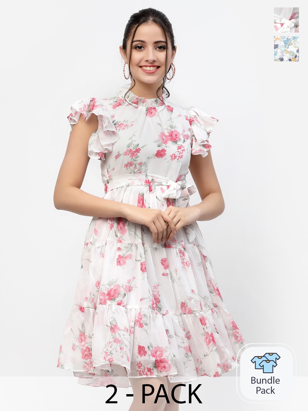 

MISS AYSE Off White & Blue Pack Of 2 Floral Georgette Dress
