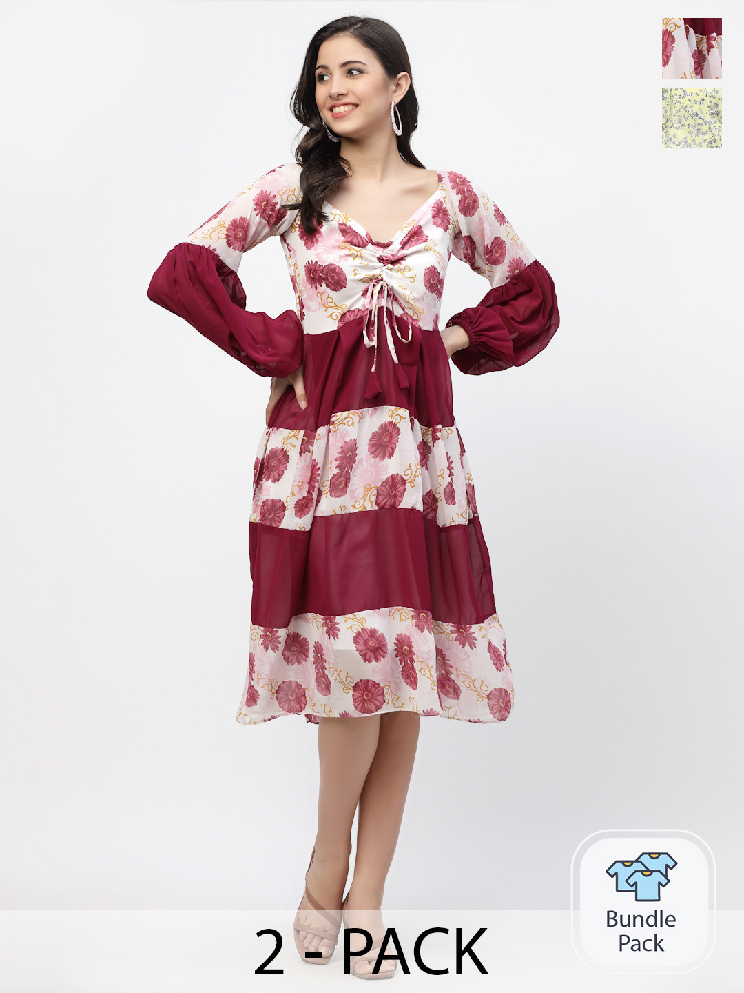 

MISS AYSE Pack Of 2 Lime Green & Maroon Floral Tie-Up Neck Georgette A-Line Dress