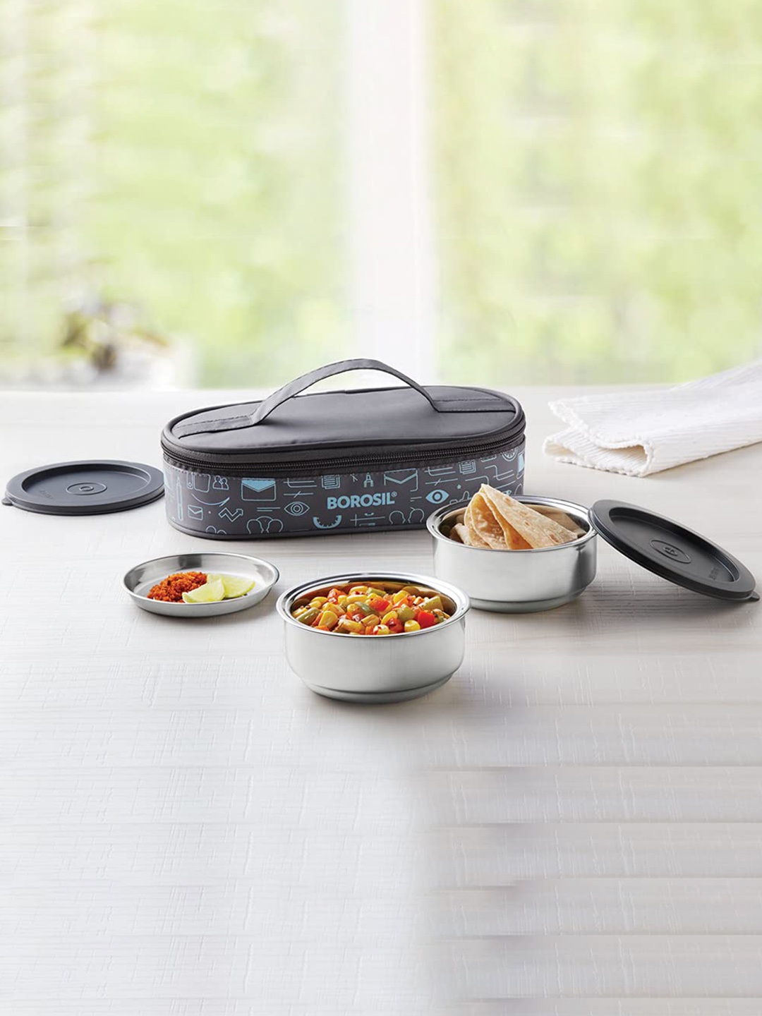 

BOROSIL Black & Silver Toned Stainless Steel Set of 2 Lunch Box with Lunch Bag 180 ml Each
