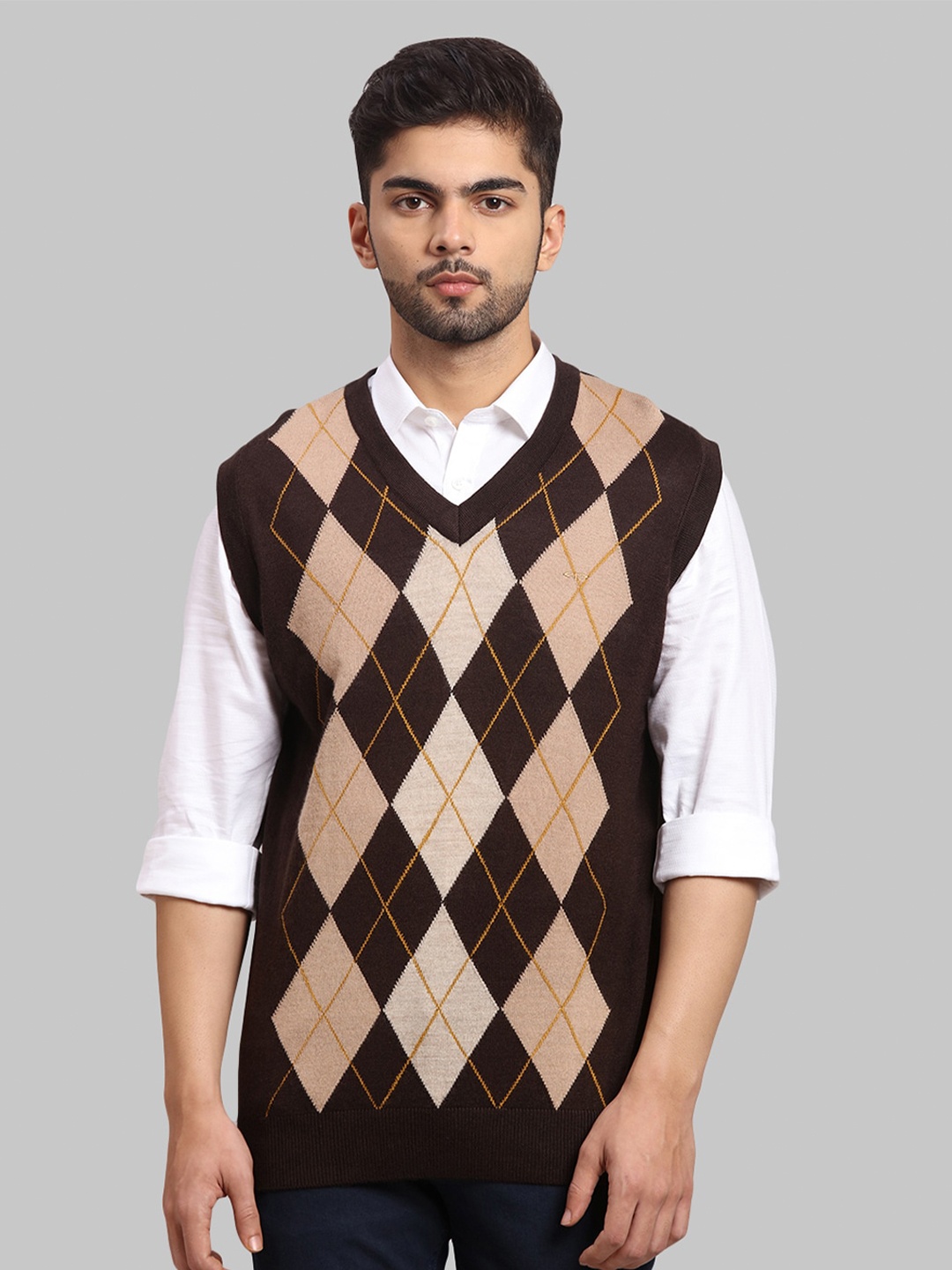 

ColorPlus Men Brown & Mustard Checked Acrylic Sweater Vest