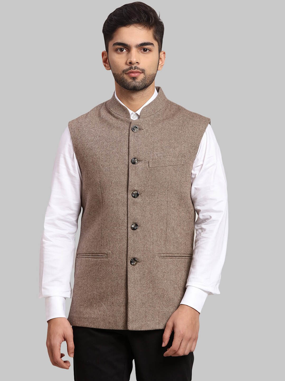 

ColorPlus Woven Design Mandarin Collar Nehru Jacket, Khaki