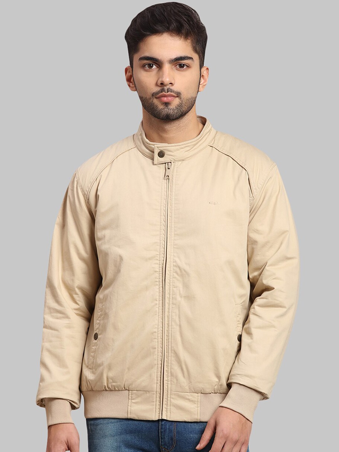 

ColorPlus Men Beige Cotton Solid Biker Jacket