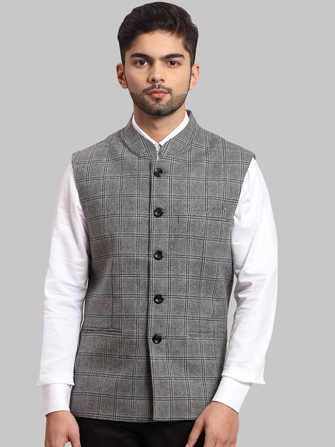 

ColorPlus Men Grey Checked Nehru Jacket