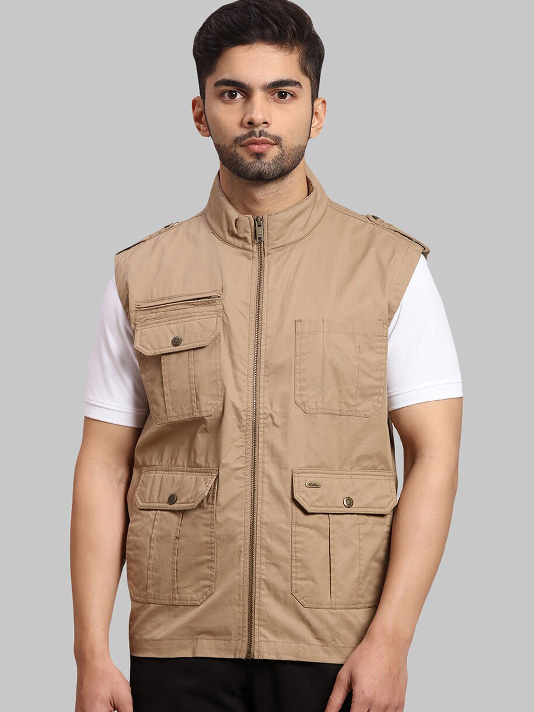

ColorPlus Men Khaki Sleeveless Cotton Tailored Jacket