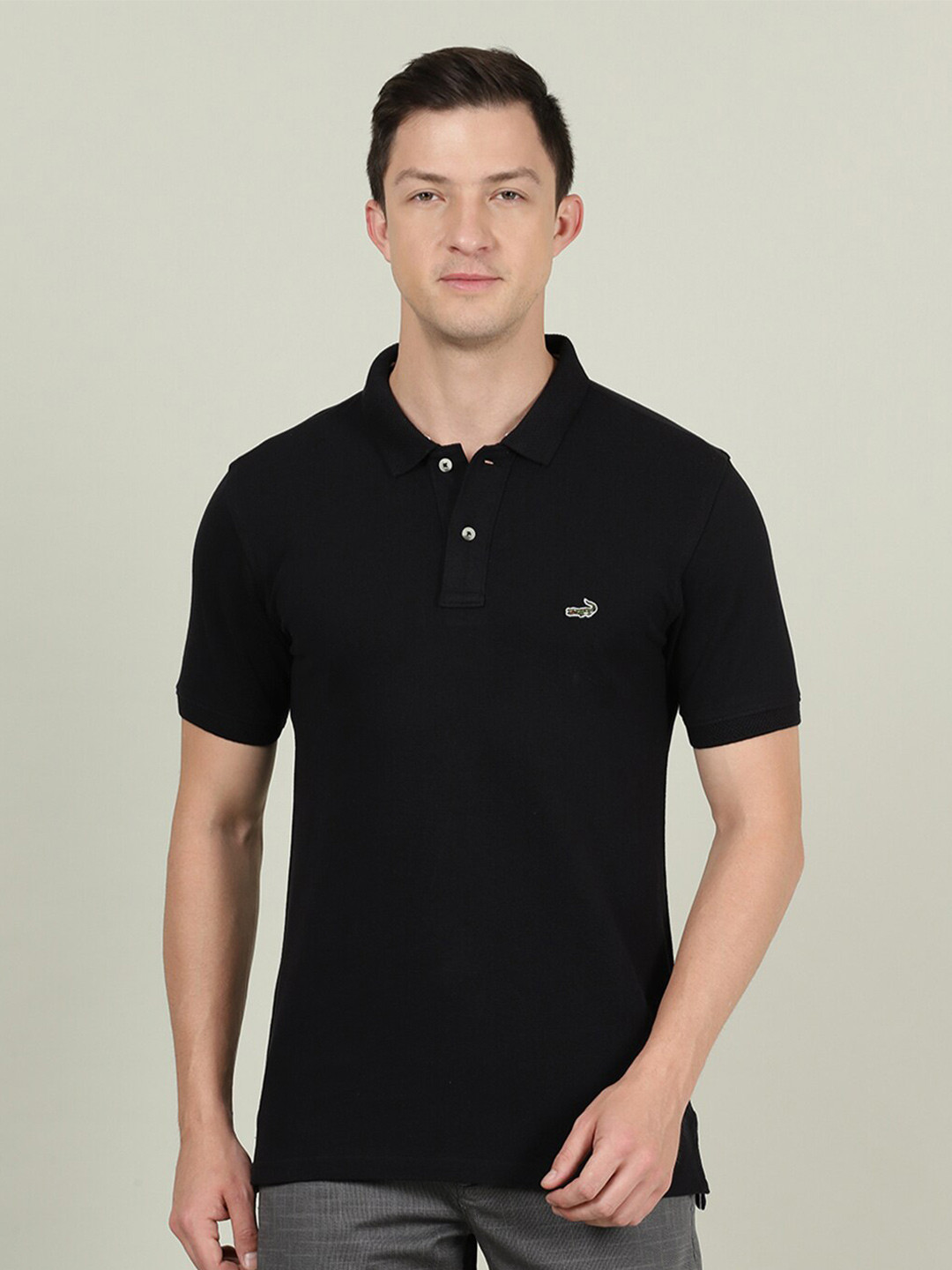 

Crocodile Men Black Polo Collar Slim Fit Cotton T-shirt