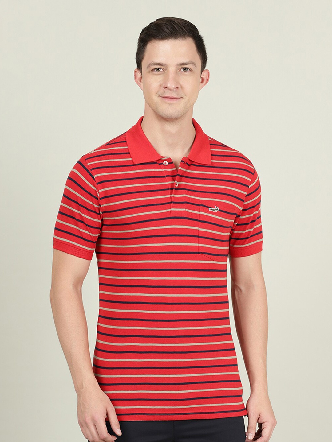 

Crocodile Men Red Striped Polo Collar Slim Fit Cotton T-shirt