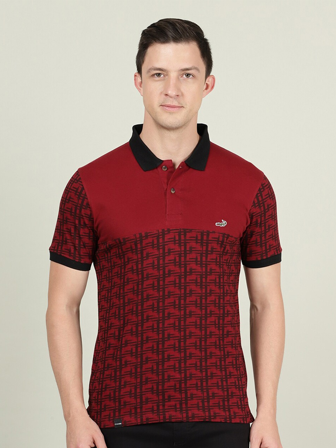 

Crocodile Men Red Printed Polo Collar Slim Fit Cotton T-shirt
