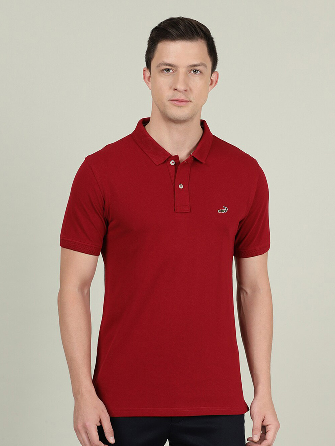 

Crocodile Men Red Polo Collar Slim Fit Cotton T-shirt